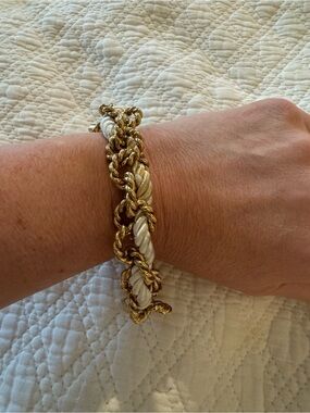 Gold Chain & Cord Charm Bracelet w/ Rhinestone Starburst